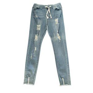 Women's Drawstring Distressed Light Blue Skinny Jeans